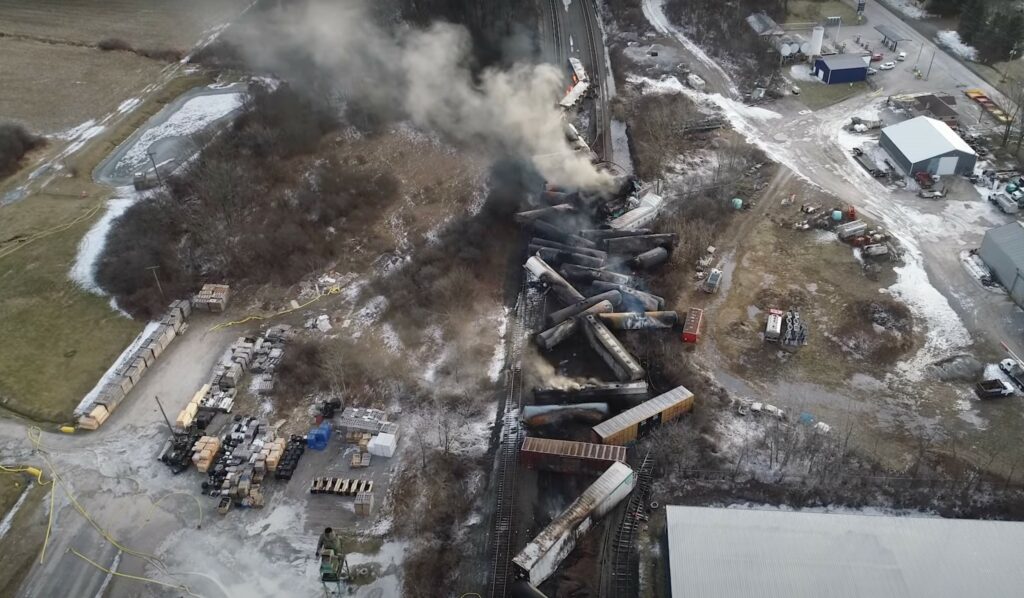 This video screenshot released by the U.S. National Transportation Safety Board shows the site of the derailed freight train in East Palestine, Ohio. Credit: NTSB/Handout via Xinhua
