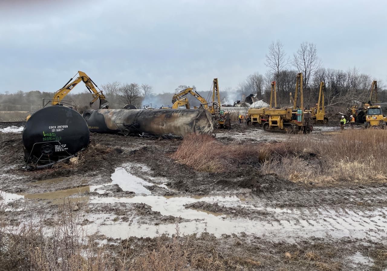 The site of the East Palestine, Ohio train derailment on Feb. 17, 2023. The train derailment happened on Feb. 3 in which 38 cars derailed, including 11 containing hazardous materials, forcing hundreds of residents to evacuate for several days. Credit: US Environmental Protection Agency/Anadolu Agency via Getty Images