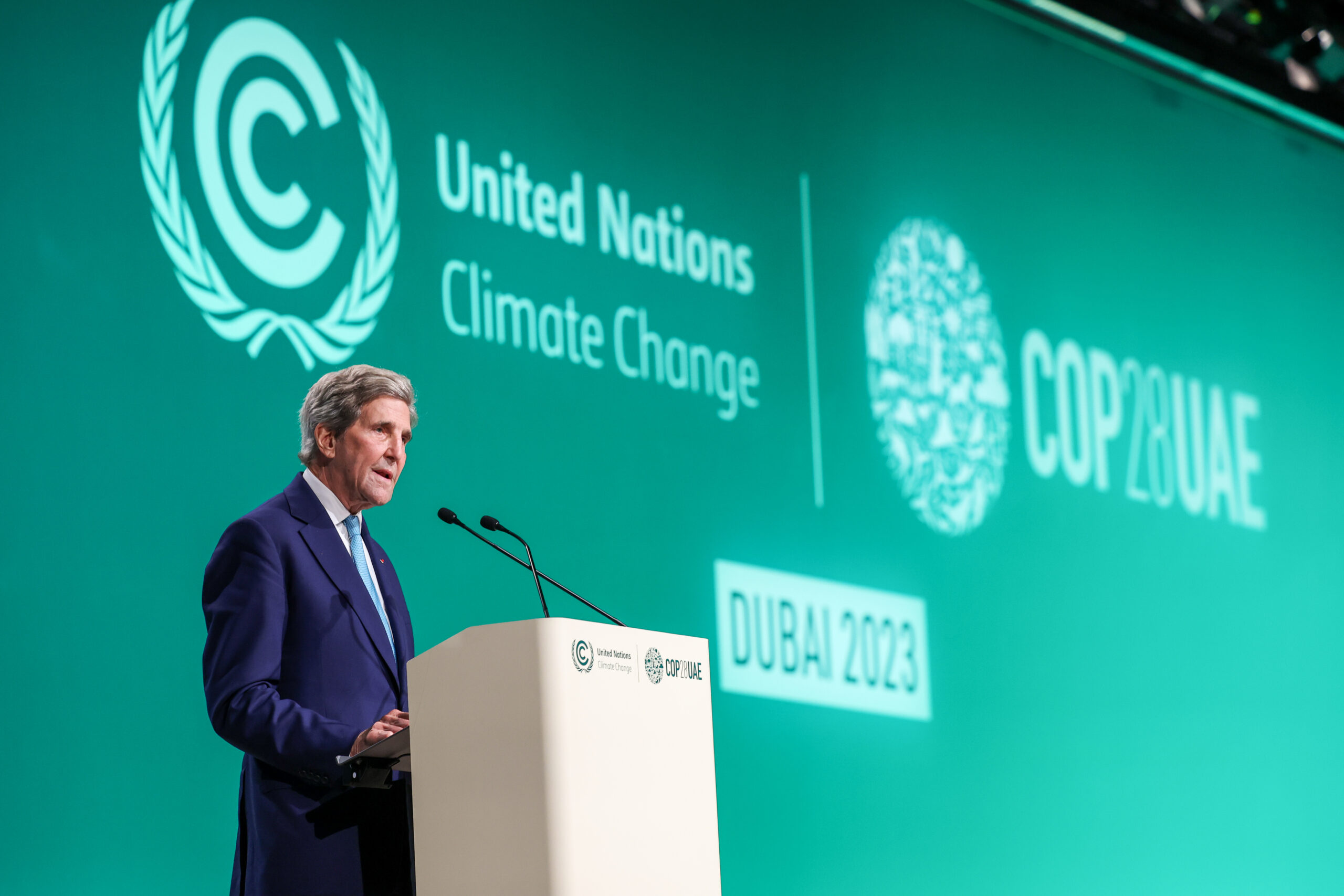 John Kerry, U.S. Special Presidential Envoy for Climate, speaks onstage at the COP28 Climate Conference in Dubai on Dec. 4. Credit: Mahmoud Khaled /COP28 via Getty Images