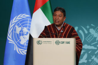 David Choquehuanca Cespedes, vice president of Bolivia, speaks during day two at COP28 in Dubai. He is a member of the Aymara nation, raised in an Indigenous community on the shores of Lake Titicaca. Credit: Sean Gallup/Getty Images