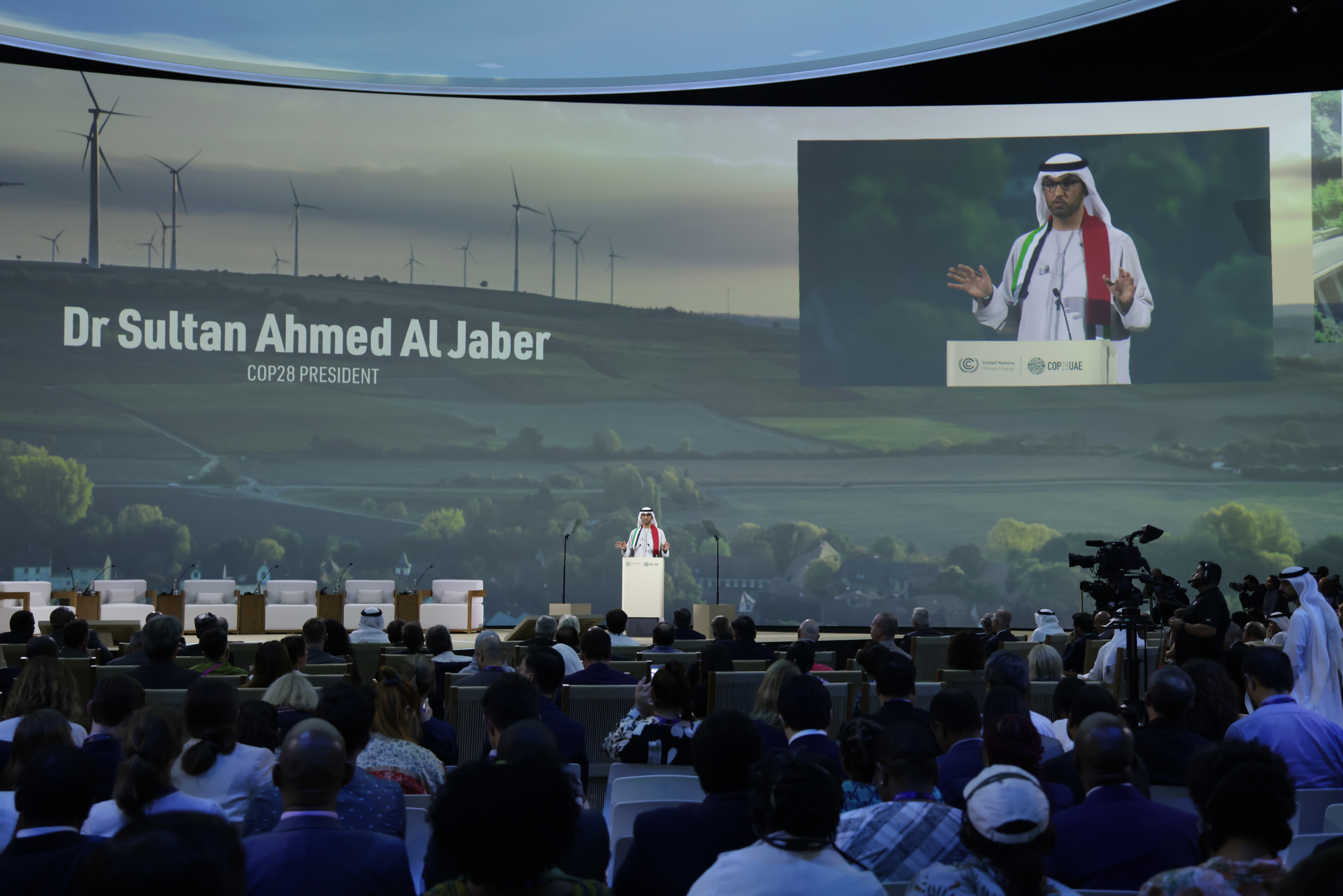 Sultan Ahmed Al Jaber, President of the UNFCCC COP28 Climate Conference, speaks at a presentation of the Industrial Transition Accelerator on Saturday in Dubai, United Arab Emirates. Credit: Sean Gallup/Getty Images