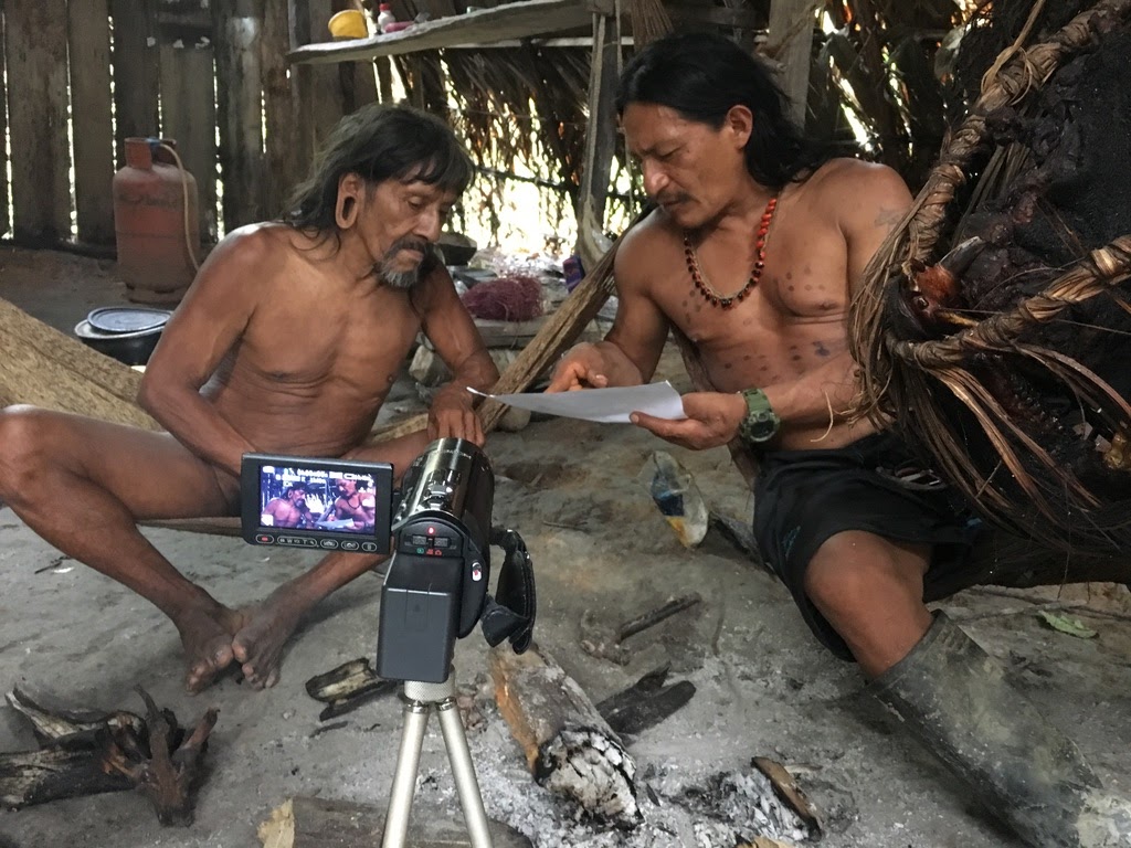 Miñewa and Penti Baihua sit for an interview to discuss Baihuaeri Waorani history and culture on June 28, 2019. Credit: Courtesy of Judith Kimerling.