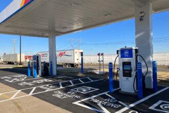 The charging equipment at the Pilot Travel Center near London, Ohio is part of a partnership between General Motors, Pilot Company and EVgo. Credit: Dan Gearino/Inside Climate News