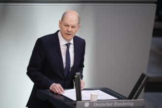 Chancellor Olaf Scholz speaks in a general debate in a plenary session in the Bundestag. Credit: Kay Nietfeld/picture alliance via Getty Images
