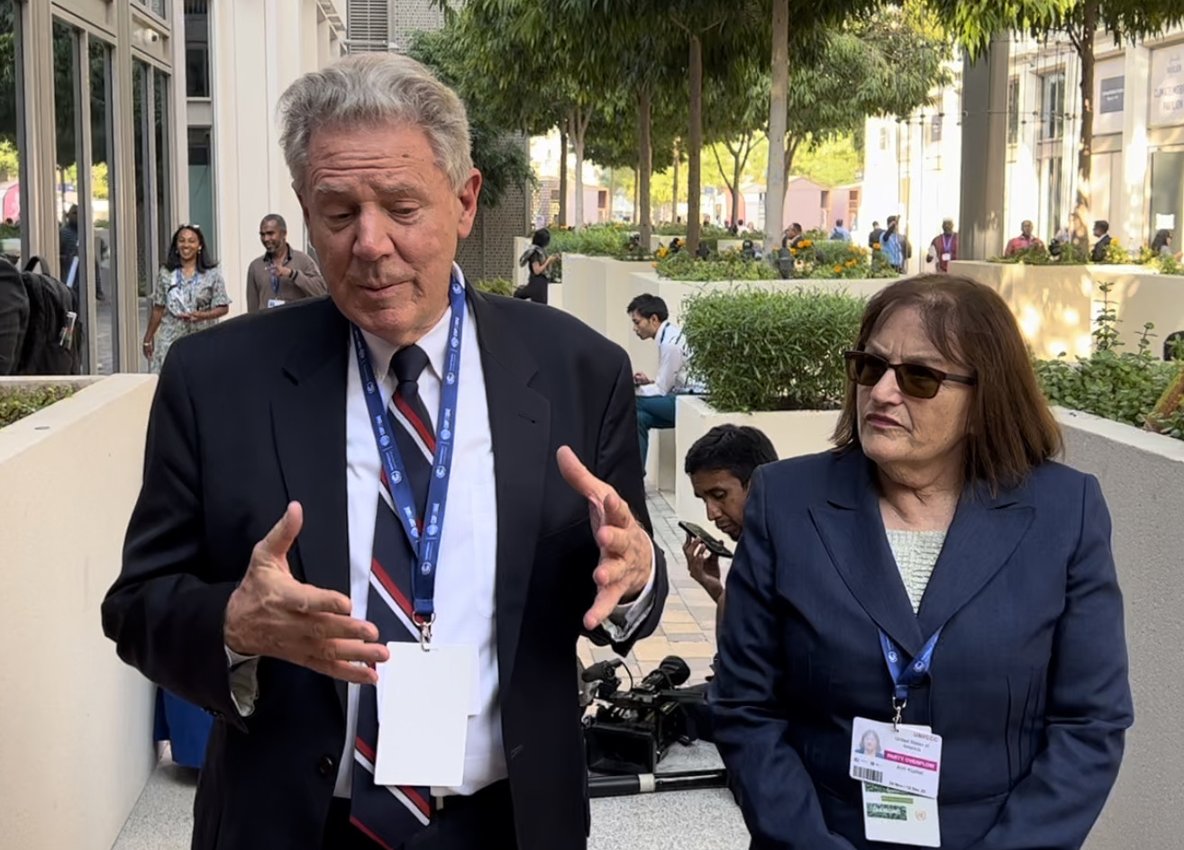 U.S. Rep. Frank Pallone Jr. of New Jersey, the ranking Democrat on the House Energy and Commerce Committee, and U.S. Rep. Ann Kuster of New Hampshire, a Democratic member of the committee, outside the U.S. Climate Center at COP28 in Dubai on Saturday. Credit: Bob Berwyn/Inside Climate News