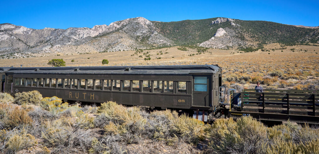 The tracks of the Nevada Northern Railway Museum runs directly between where the White Pines Pump Storage project upper and lower reservoirs will be located in Ely, Nevada, on Thursday Oct. 5, 2023. Credit: Alex Gould