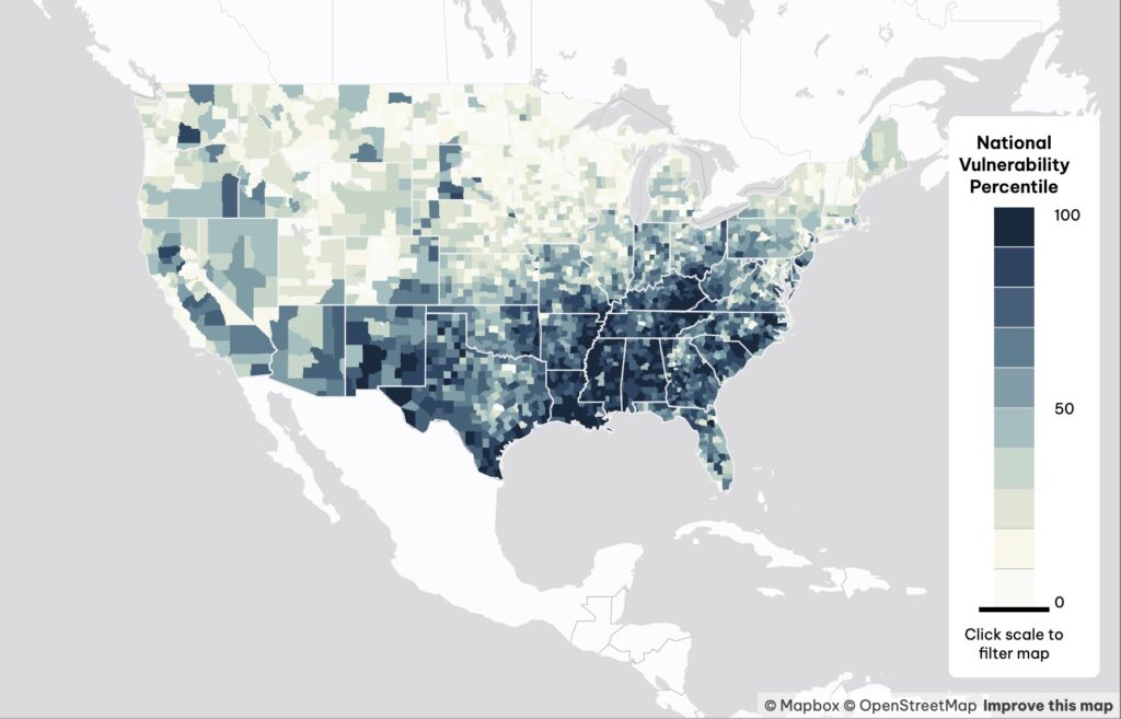 The country’s most climate vulnerable counties are concentrated in the Southeast, according to the most comprehensive climate risk data available. Credit: Climate Vulnerability Index