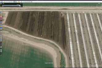 The Brandt Cattle Company feedyard in Southern California’s Imperial Valley composts dry manure in an open field, a process that avoids nearly all methane production and emissions from the feedlot's manure. Credit: Google Earth
