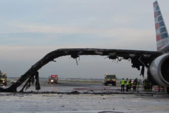 The aftermath of a 2016 fire on a runway at O’Hare Airport. A firefighting foam with a toxic chemical was used to douse flames from the American Airlines plane.
